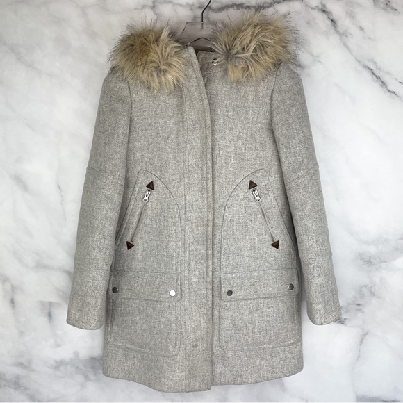 J. Crew Chateau Parka Italian Wool Stadium Cloth Coat Fur Hood B3901 Gray 00 - Picture 3 of 16